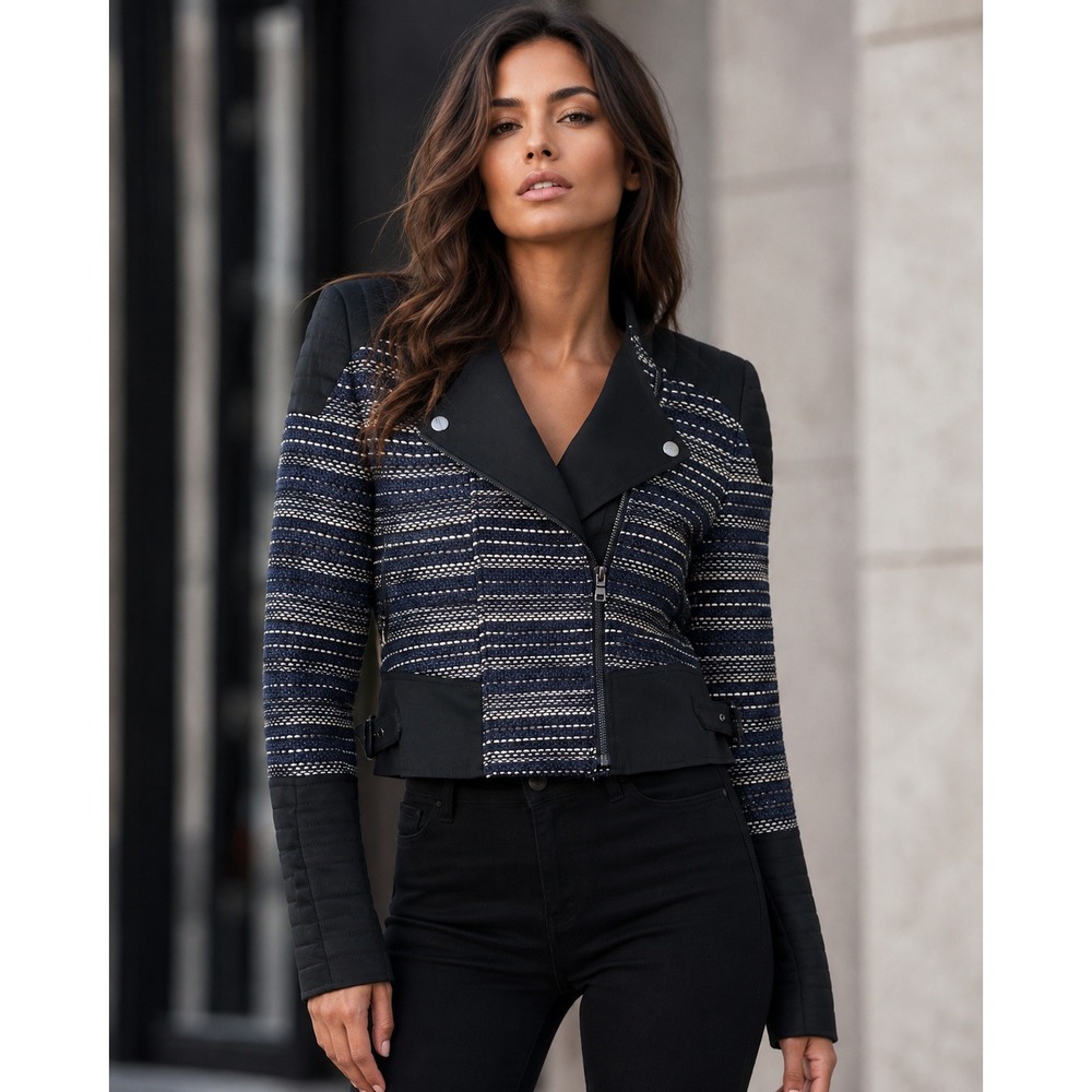 BCBGMAXAZRIA Cropped Tweed Polished Moto Jacket Navy Edgy Chic Rocker Luxe XS 2